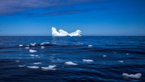 A large white iceberg floating in the ocean.