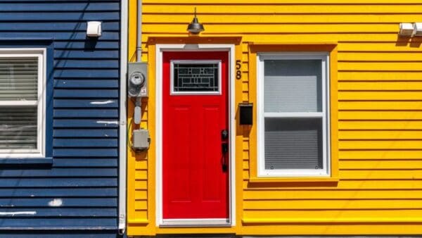 A red door and window on the side of a yellow house.